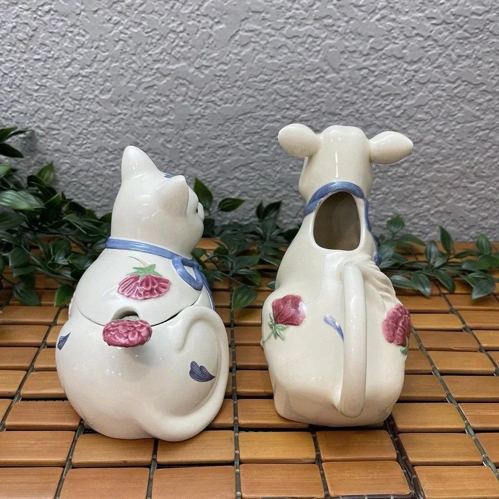 Vintage Lenox Poppies on Blue Cow Creamer Kitty Cat Sugar Bowl Barnyard Set 1998